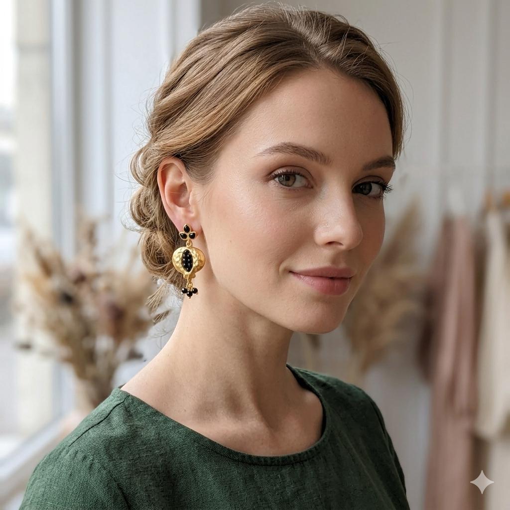 Gold Plated Pomegranate Earrings, Onyx Seeds, Turkish Boho Earrings