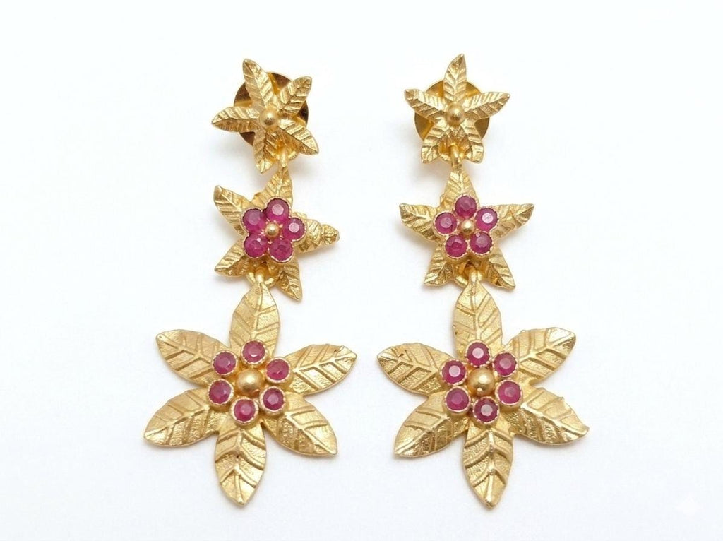 Gold Plated Flower Earrings with Bougainville Jade – Oriental Ottoman Dangle Studs