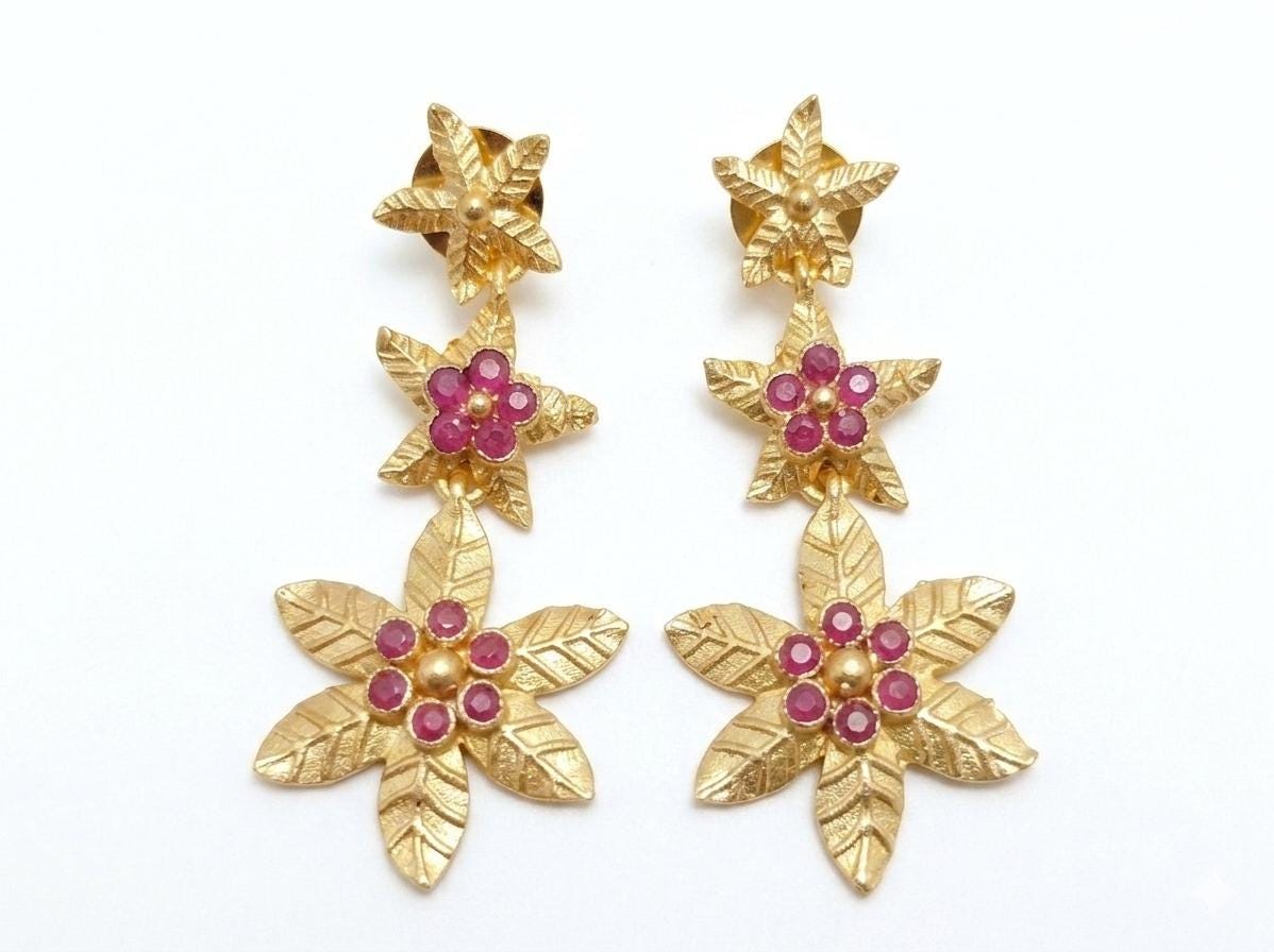 Gold Plated Flower Earrings with Bougainville Jade – Oriental Ottoman Dangle Studs