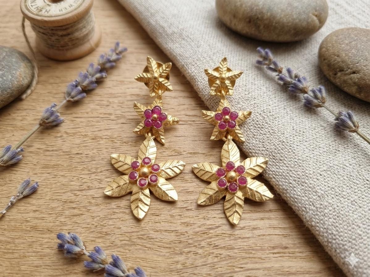 Gold Plated Flower Earrings with Bougainville Jade – Oriental Ottoman Dangle Studs