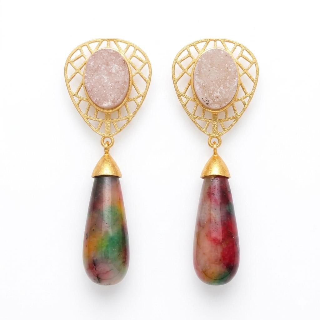 Gold Plated Brass Earrings with Ruby Zoisite and White Druzy – Statement Handmade Jewelry