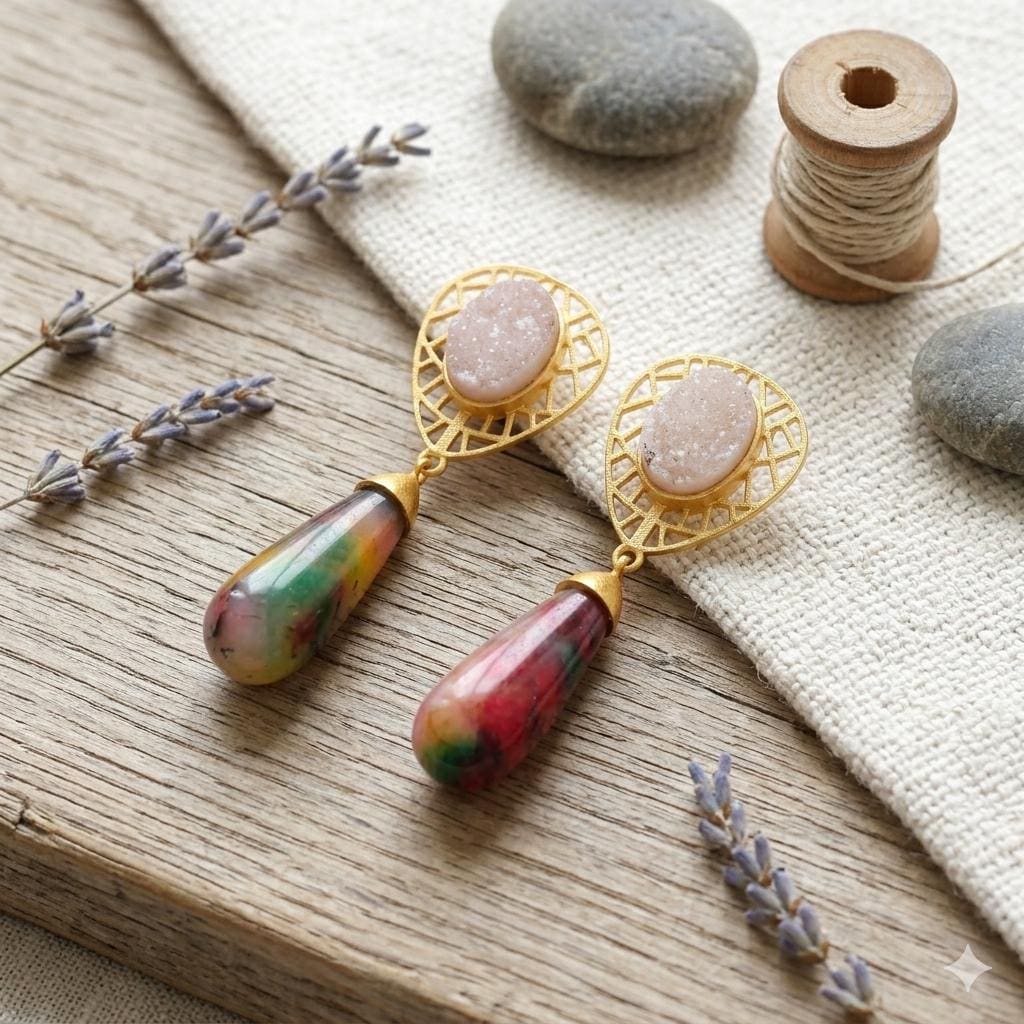 Gold Plated Brass Earrings with Ruby Zoisite and White Druzy – Statement Handmade Jewelry