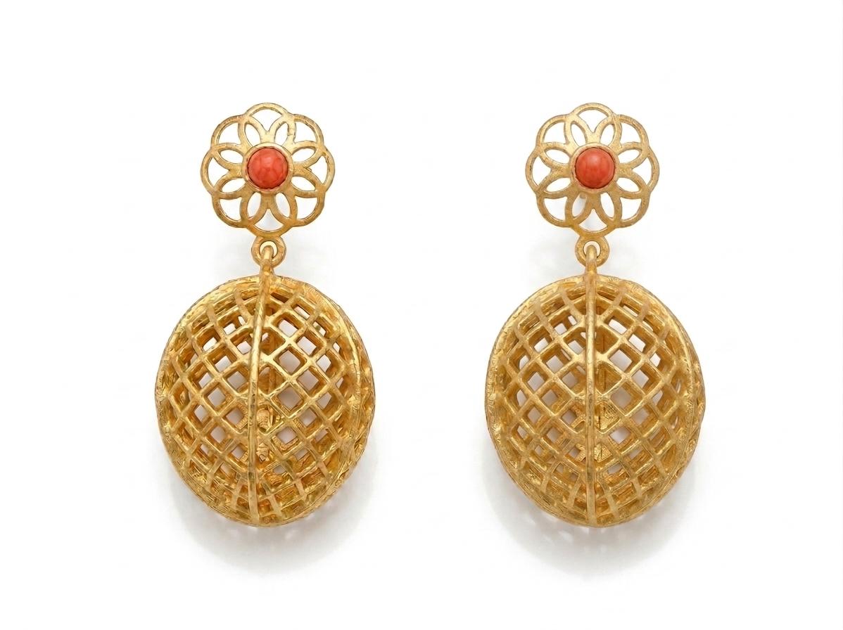 Gold Plated Brass Flower Earrings, Pink Agate Gemstone, Lightweight