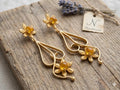 Gold Plated Daisy Dangle Earrings with Yellow Agate, Hypoallergenic Handmade Jewelry