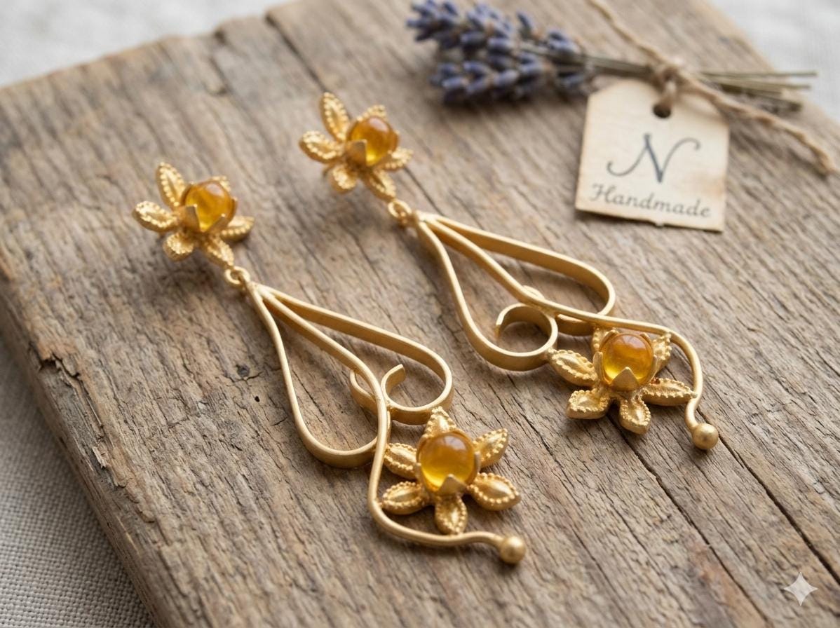 Gold Plated Daisy Dangle Earrings with Yellow Agate, Hypoallergenic Handmade Jewelry