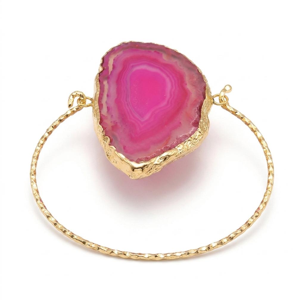 Pink Agate Turkish Gold Plated Brass Hinged Bracelet – Unique Statement Jewelry