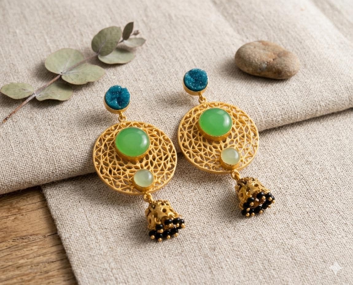 Blue Druzy Green Agate Jhumka Earrings, Gold Plated Brass Filigree Dangle