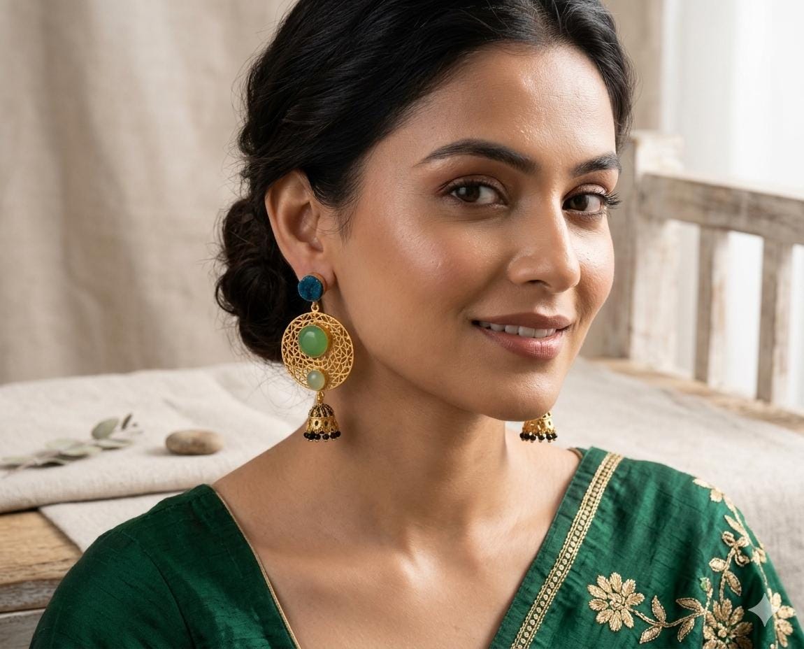Blue Druzy Green Agate Jhumka Earrings, Gold Plated Brass Filigree Dangle