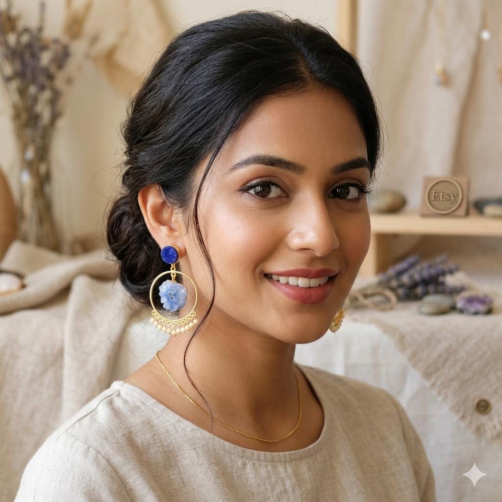 Gold Plated Hoop Earrings, Blue Druzy and Solar Quartz, Boho Style
