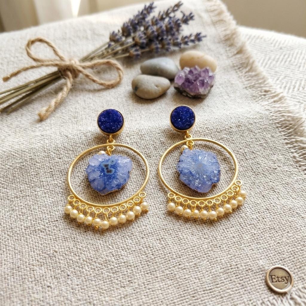 Gold Plated Hoop Earrings, Blue Druzy and Solar Quartz, Boho Style