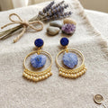 Gold Plated Hoop Earrings, Blue Druzy and Solar Quartz, Boho Style