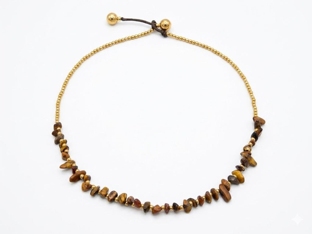 Tiger Eye Chip Necklace, Brass Ball Chain, Adjustable Waxed Cord