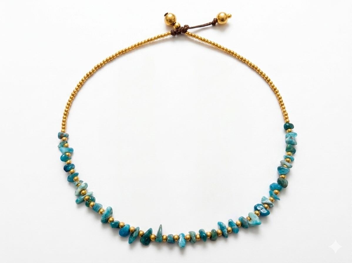 Handmade Chrysocolla Brass Beaded Necklace – Minimalist Adjustable Cord Jewelry