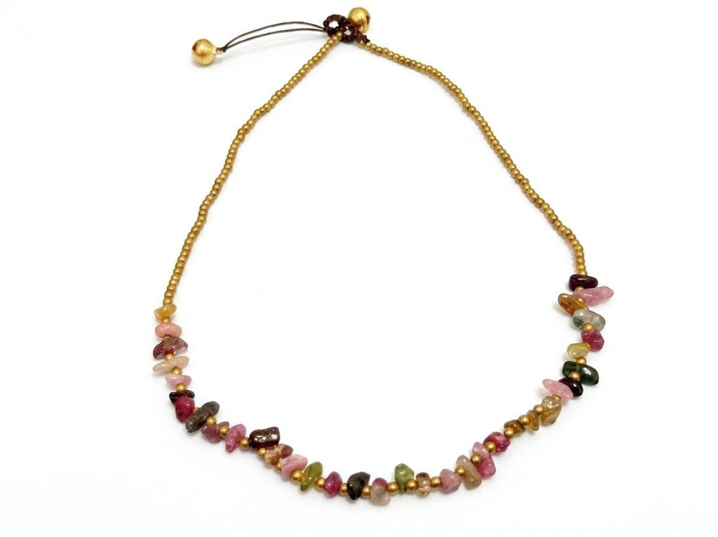 Colorful Tourmaline Chip Necklace with Adjustable Brass Beads on Waxed Cord