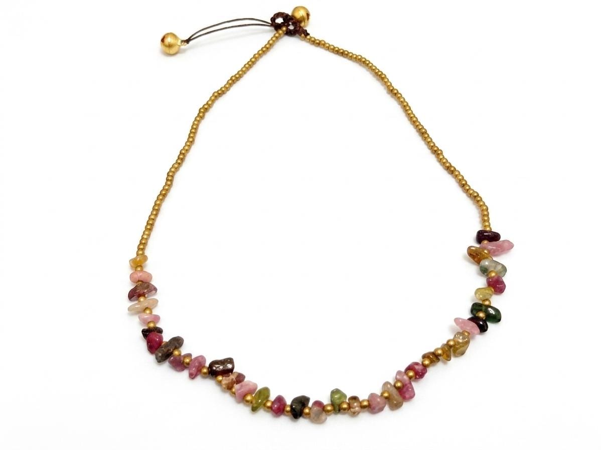Colorful Tourmaline Chip Necklace with Adjustable Brass Beads on Waxed Cord