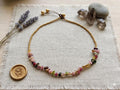 Colorful Tourmaline Chip Necklace with Adjustable Brass Beads on Waxed Cord