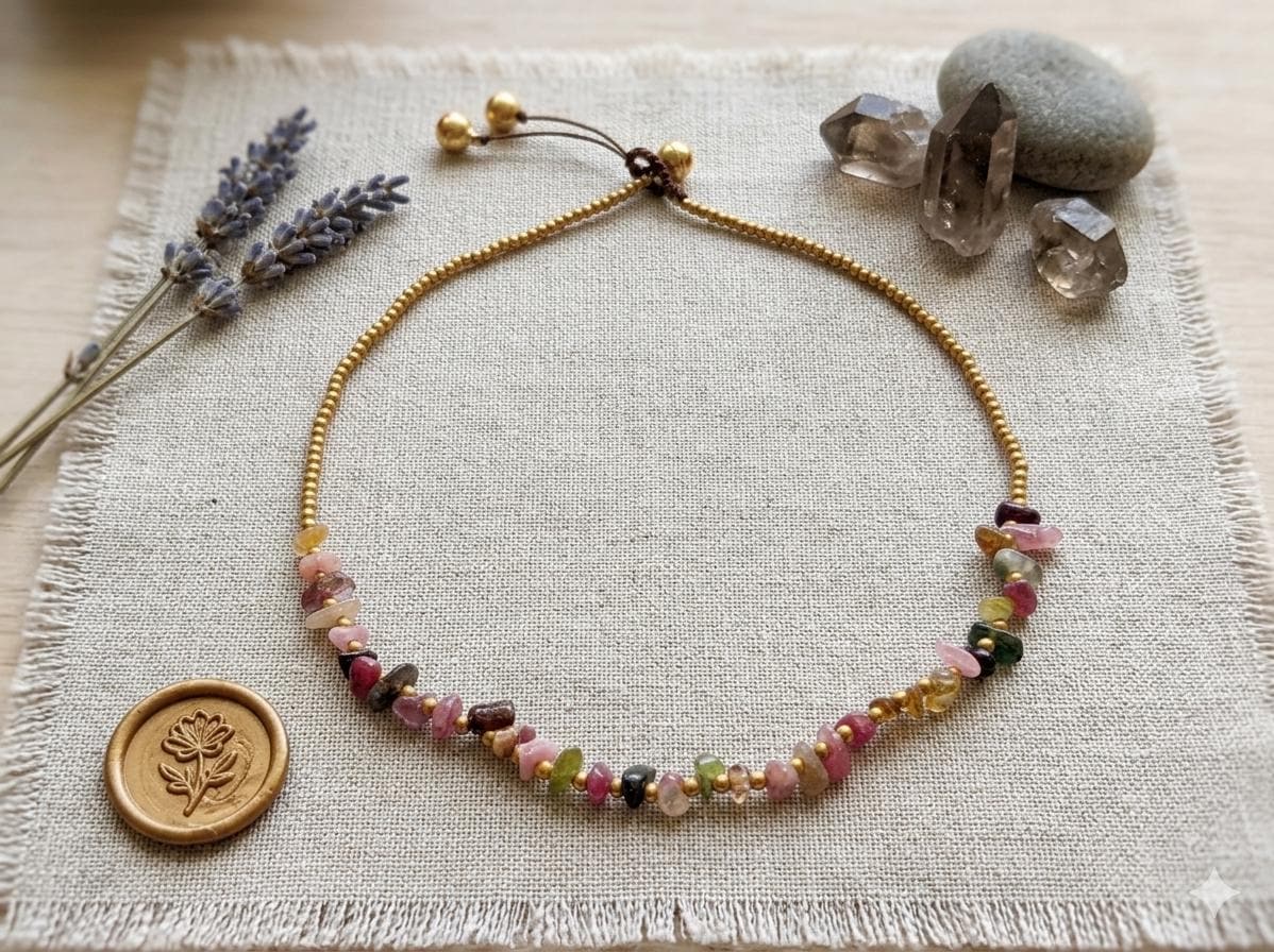 Colorful Tourmaline Chip Necklace with Adjustable Brass Beads on Waxed Cord