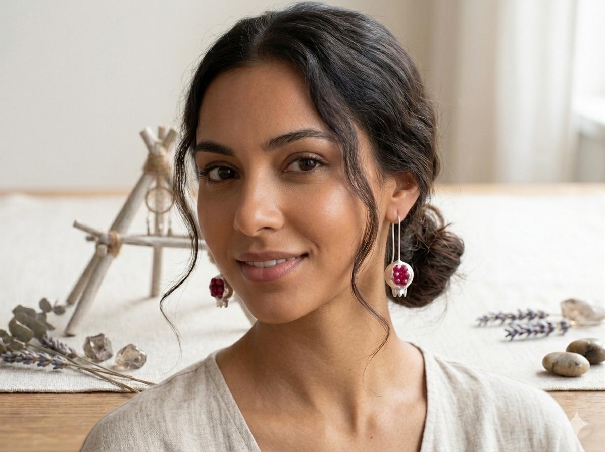 Pomegranate Ruby Jade Earrings: Boho Silver Plated Abundance Jewelry