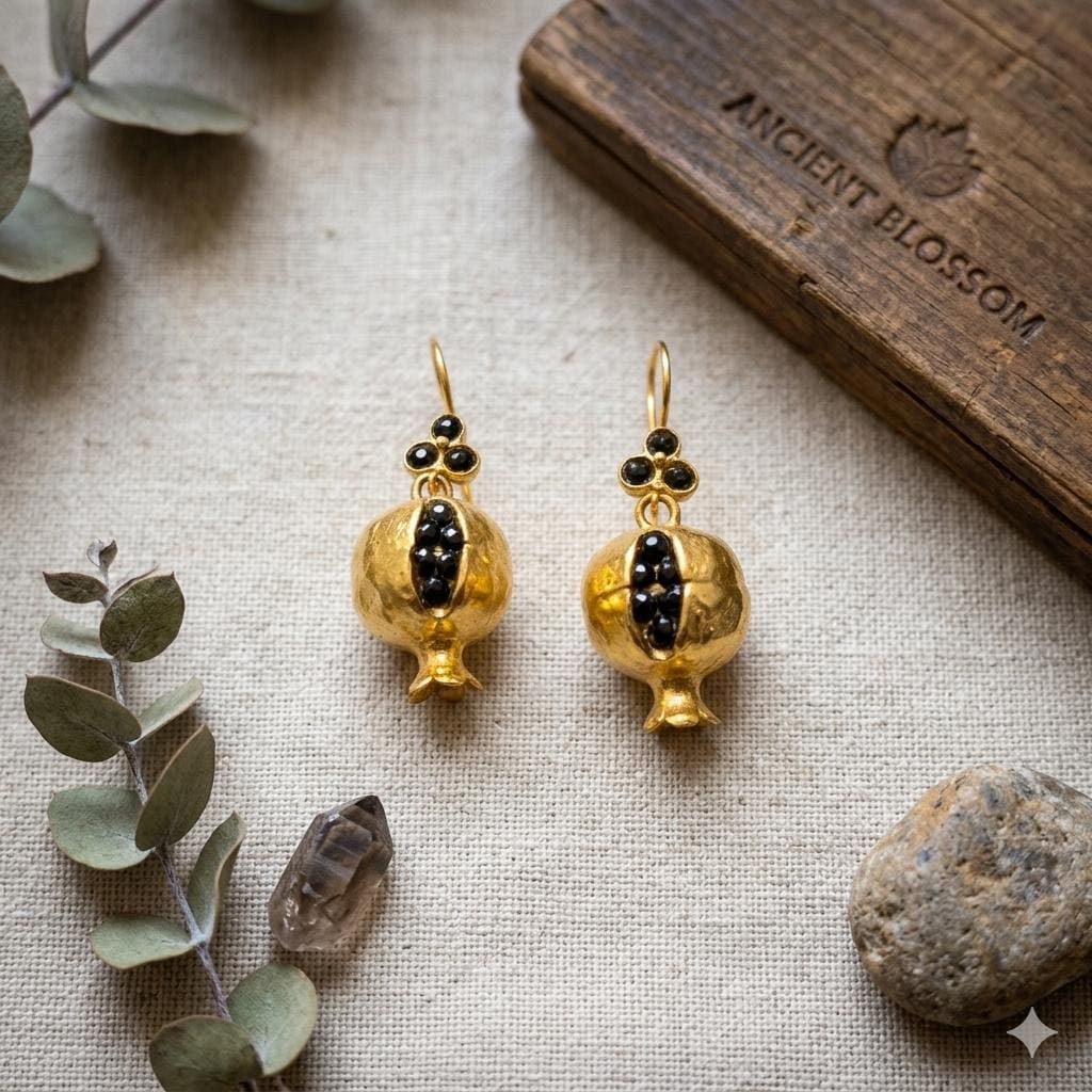Gold Plated Pomegranate Earrings with Black Onyx – Boho Chic Style, Hypoallergenic