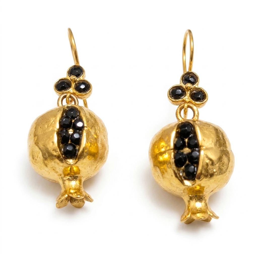 Gold Plated Pomegranate Earrings with Black Onyx – Boho Chic Style, Hypoallergenic