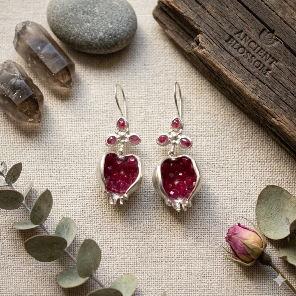 Ruby Jade Pomegranate Earrings – Bronze Silver Plated Boho Oriental Design