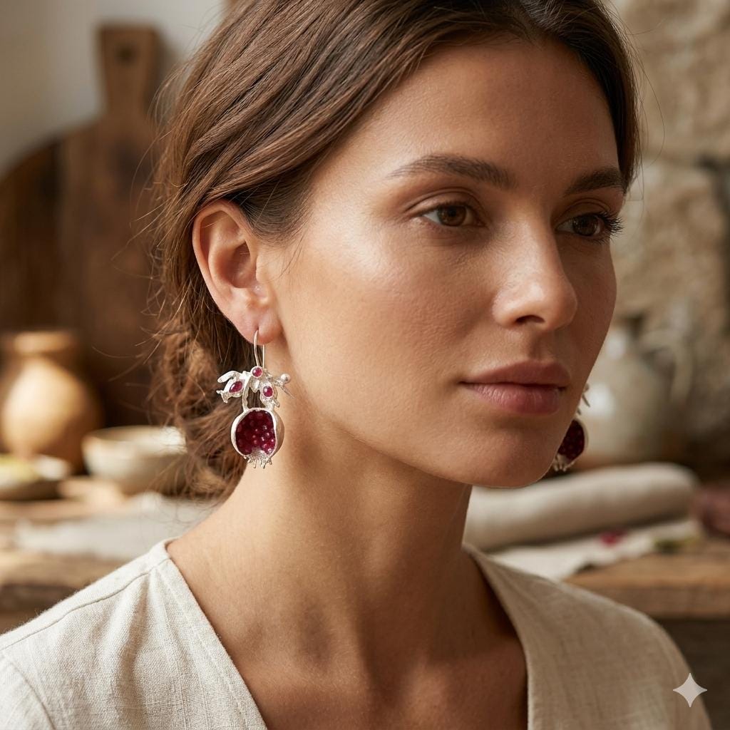 Handmade Pomegranate Seed Earrings – Faceted Ruby Jade, Silver-Plated Bronze Boho Jewelry