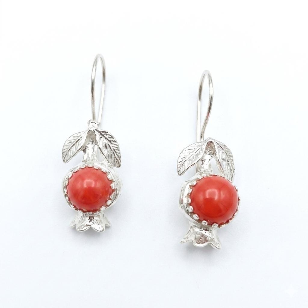 Bronze Silver Plated Pomegranate Earrings with Coral Hook – Greek Mythology Boho Chic Jewelry