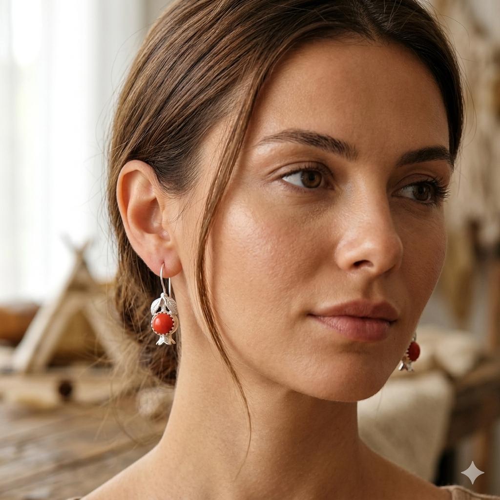 Bronze Silver Plated Pomegranate Earrings with Coral Hook – Greek Mythology Boho Chic Jewelry