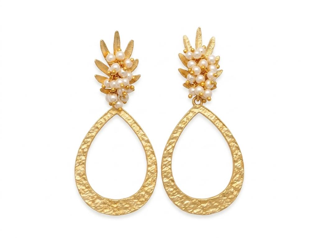 Gold Plated Brass Pineapple Drop Earrings with Pearls – Hypoallergenic Daily Wear Jewelry