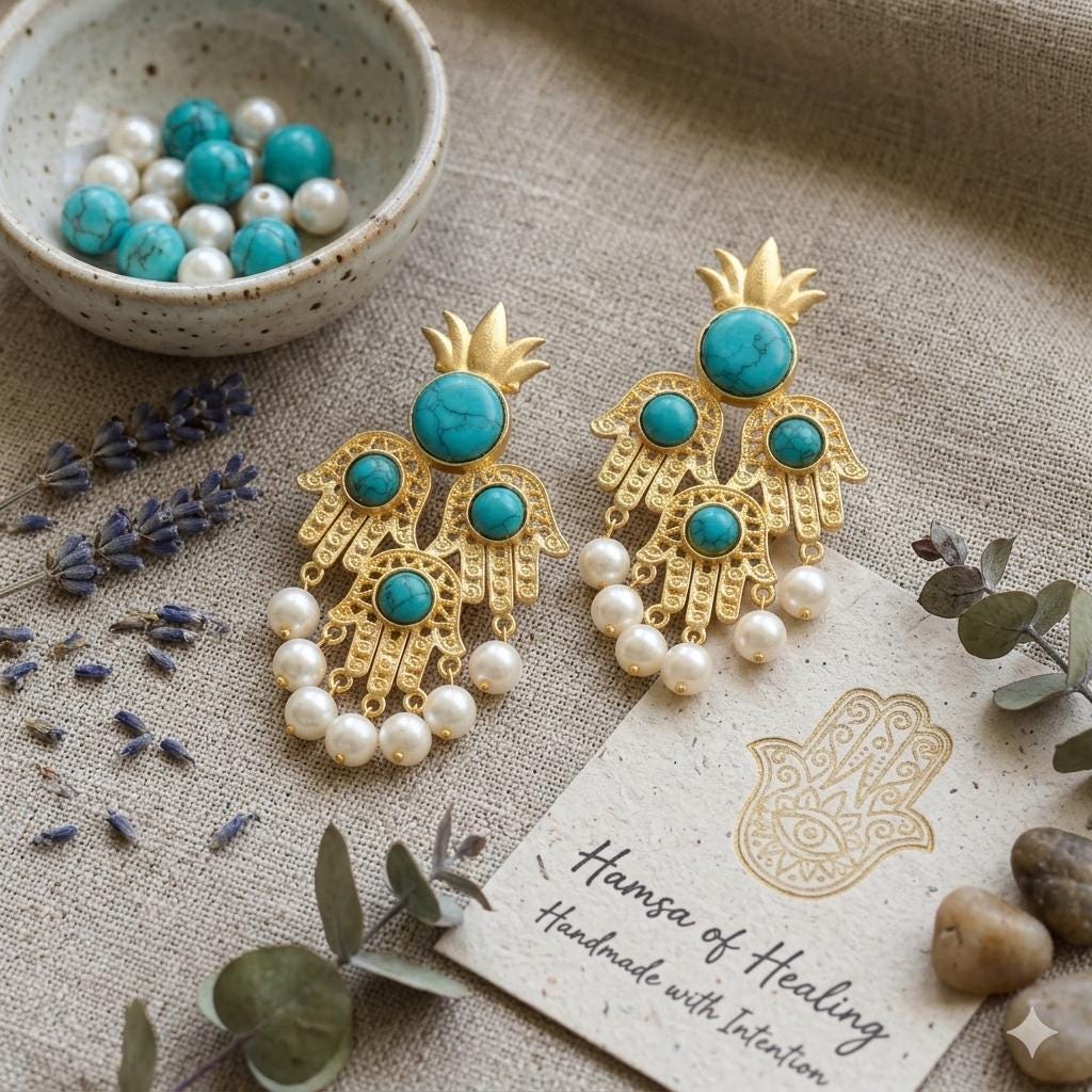 Gold Plated Hamsa Earrings: Blue Howlite, Pearl Chandelier Earrings