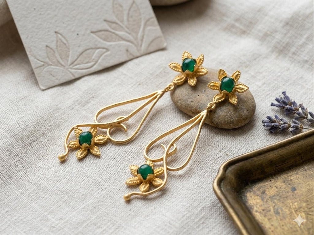 Handmade Green Agate Daisy Dangle Earrings, Gold Plated Brass, Hypoallergenic Daily Wear