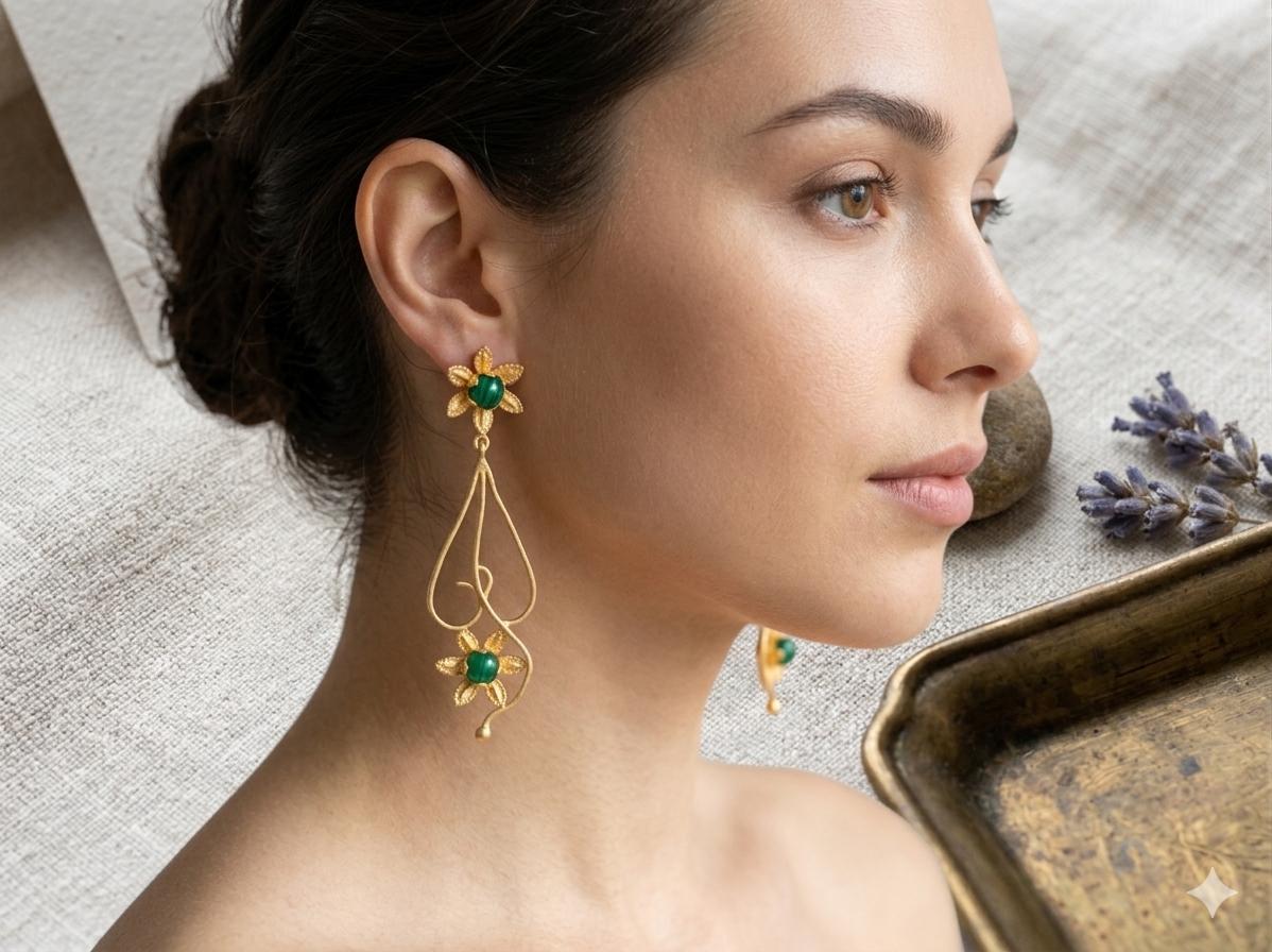 Handmade Green Agate Daisy Dangle Earrings, Gold Plated Brass, Hypoallergenic Daily Wear
