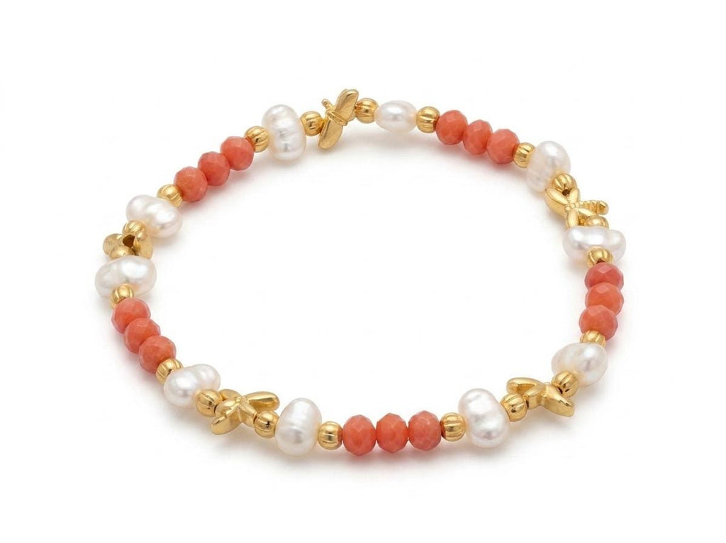 Gold Plated Dragonfly Bracelet: Orange Crystal, Pearl, Adjustable Turkish Jewelry