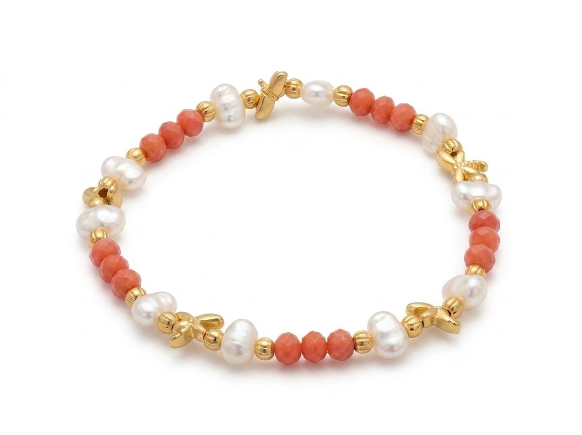Gold Plated Dragonfly Bracelet: Orange Crystal, Pearl, Adjustable Turkish Jewelry