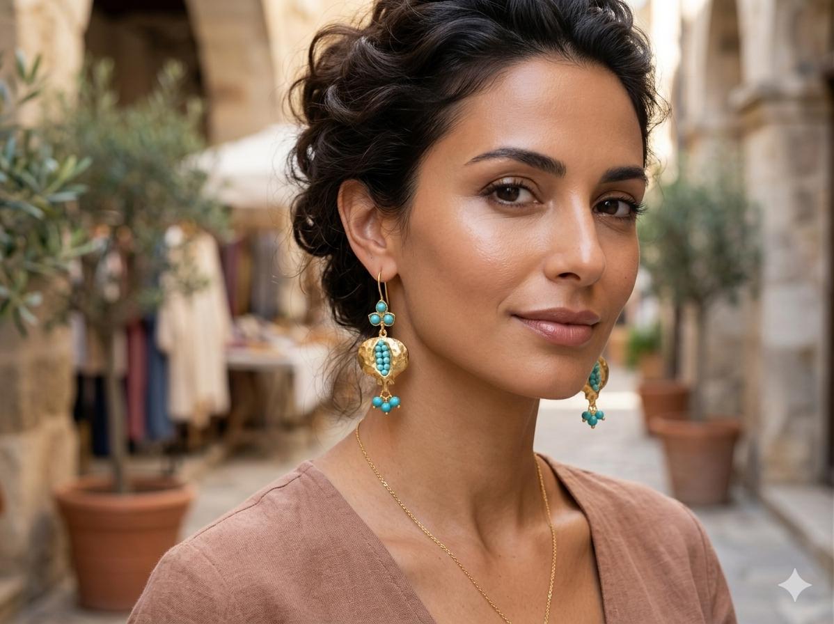 Pomegranate Earrings with Blue Howlite, Boho Ottoman Dangle Jewelry - Hypoallergenic, Gift Packaging Included, Lightweight