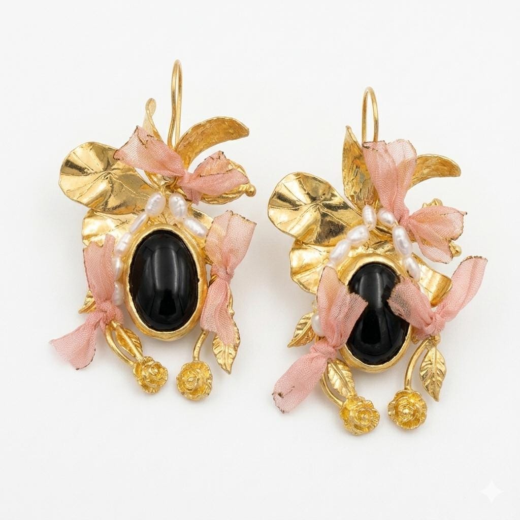Gold Plated Black Agate Pearl Earrings with Salmon Silk Dangle and Floral Design