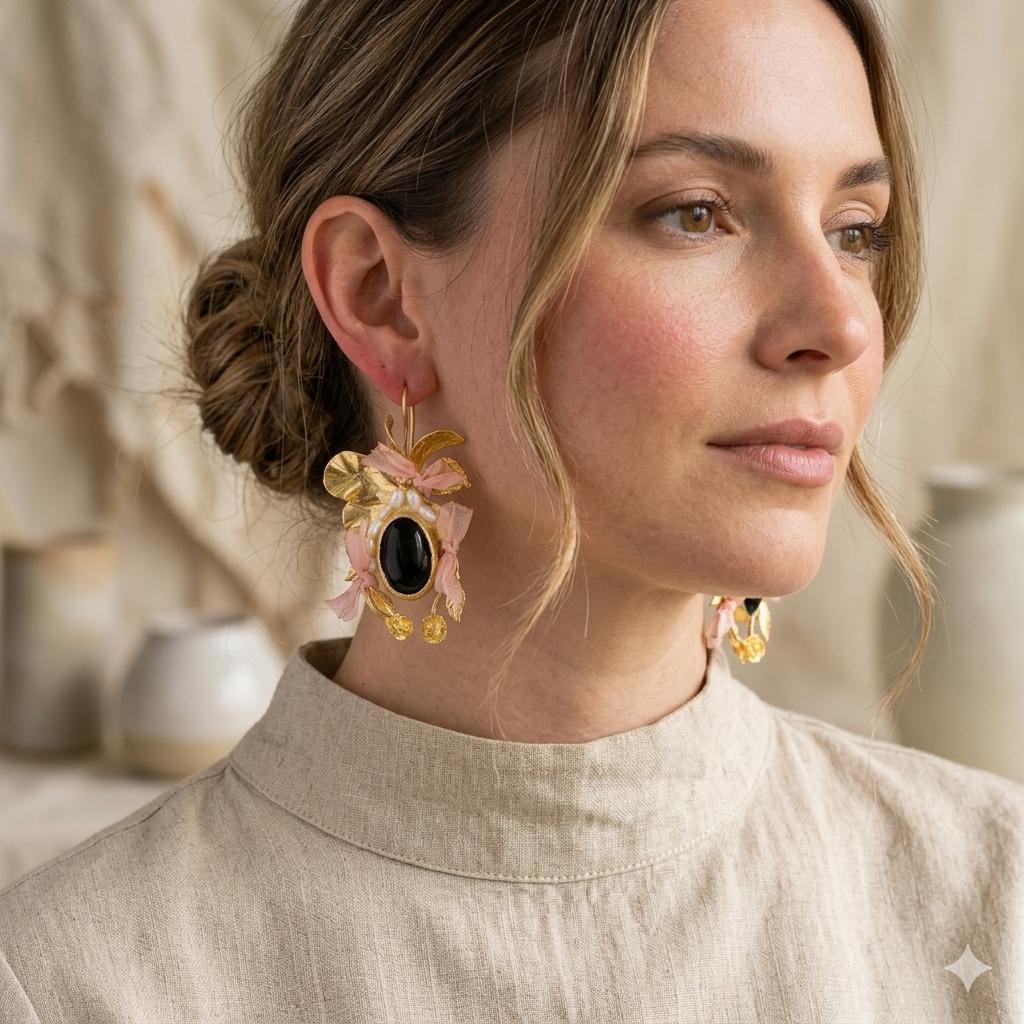 Gold Plated Black Agate Pearl Earrings with Salmon Silk Dangle and Floral Design