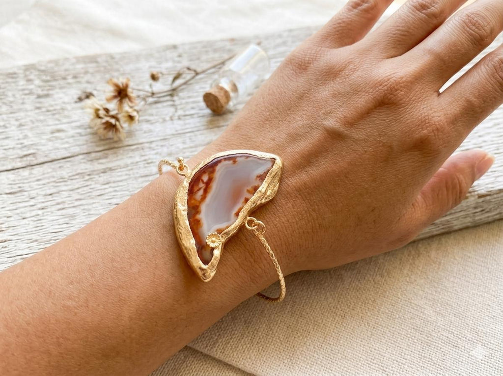 Boho Agate Moon Bracelet, Turkish Gemstone Jewelry, Gold Plated Brass Unique Design