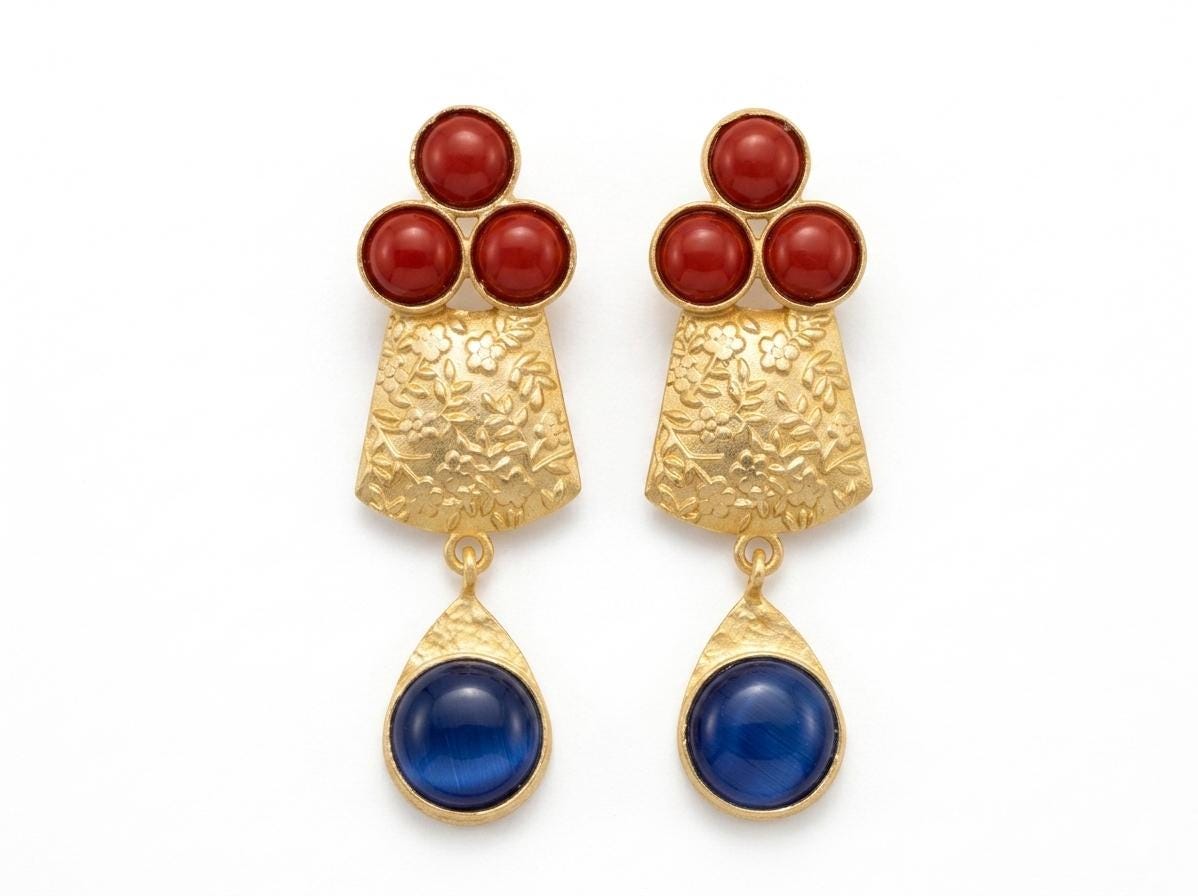 Gold Plated Brass Earrings with Coral Blue Cat Eye – Dangle Daisy Flower Studs