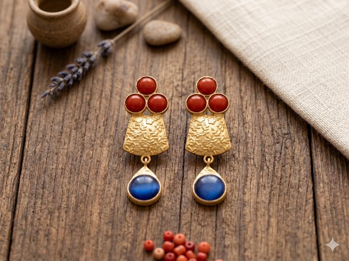 Gold Plated Brass Earrings with Coral Blue Cat Eye – Dangle Daisy Flower Studs