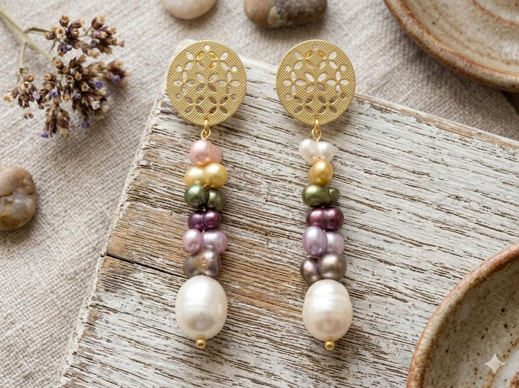 Gold Plated Brass Dangle Earrings with Multicolour Pearls