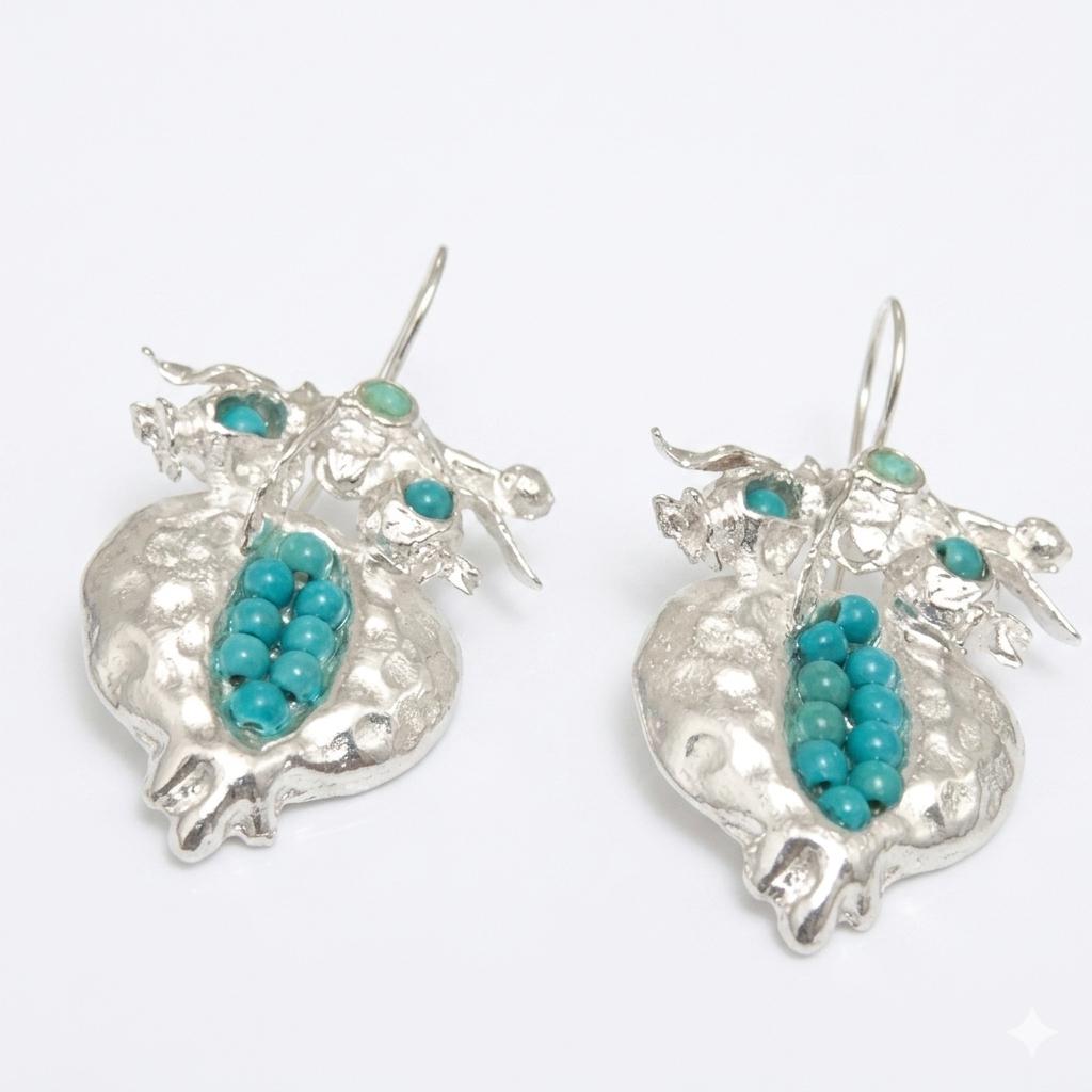 Silver Plated Pomegranate Earrings, Turquoise Boho Dangle Earrings