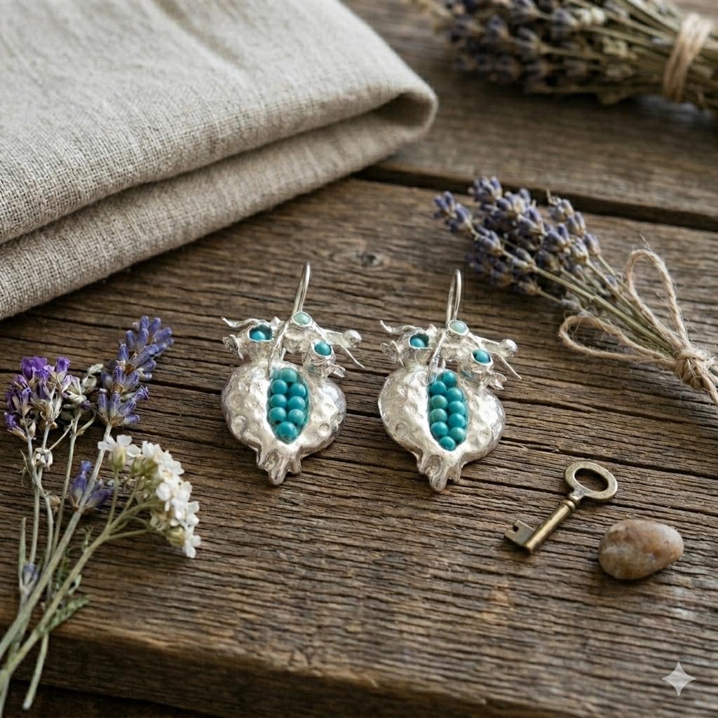 Silver Plated Pomegranate Earrings, Turquoise Boho Dangle Earrings