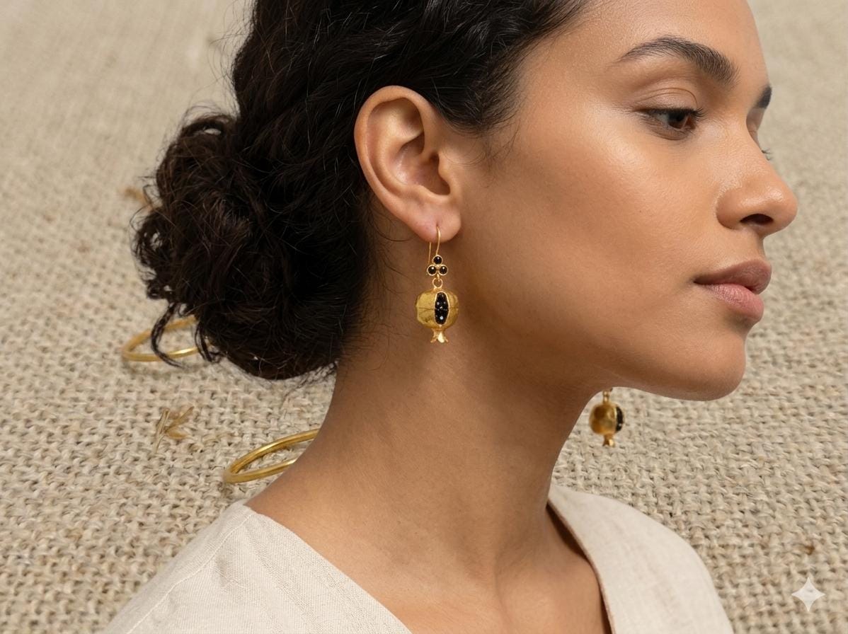 Handmade Bronze Gold Plated Pomegranate Earrings, Black Onyx