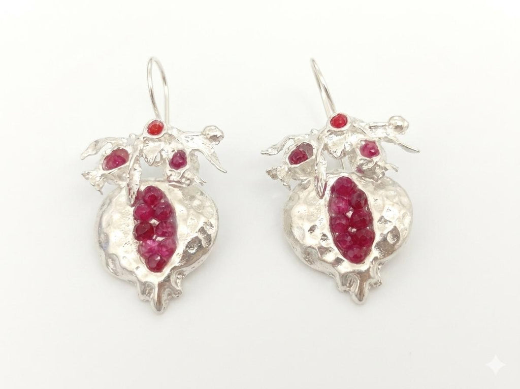 Silver Plated Pomegranate Earrings, Ruby Jade, Boho Tribal Style