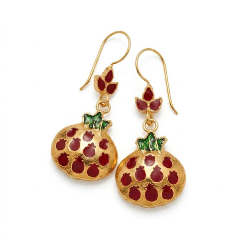 Enamel Pomegranate Dangle Earrings, Gold Plated Bronze, Boho Chic, Fertility Symbol