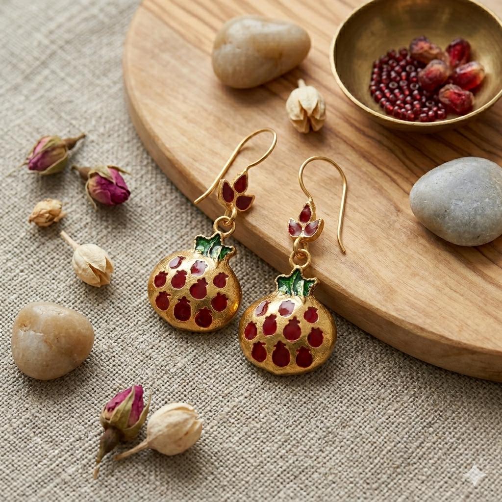 Enamel Pomegranate Dangle Earrings, Gold Plated Bronze, Boho Chic, Fertility Symbol
