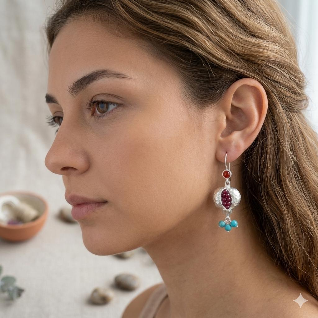 Handmade pomegranate Earrings: Silver Plated, Ruby Jade & Blue Howlite, Boho Style