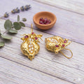 Pomegranate Earrings, Pearl Ruby, Gold Plated Bronze, Boho Turkish Earrings