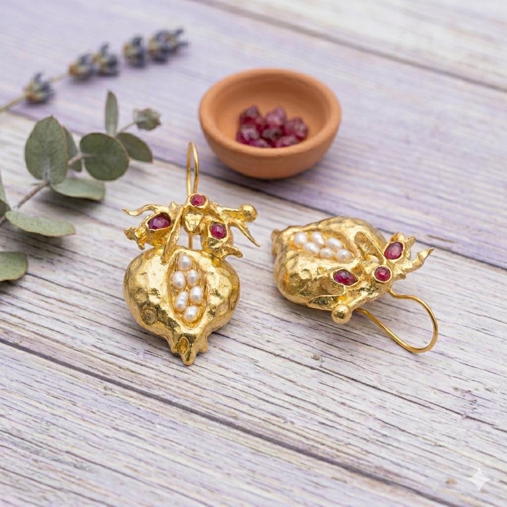 Pomegranate Earrings, Pearl Ruby, Gold Plated Bronze, Boho Turkish Earrings